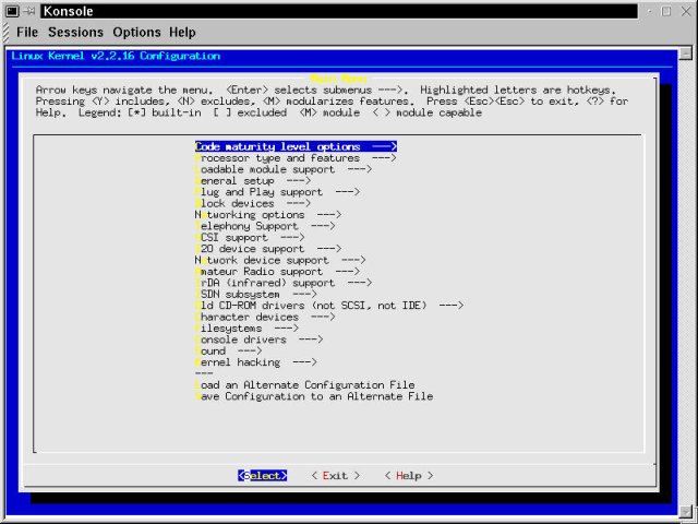 Linux Kernel v2.2.16 Configuration using make menuconfig.
