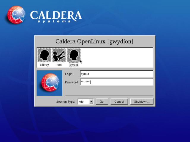 The kdm login screen for OpenLinux eDesktop, with a user selected and password entered.
