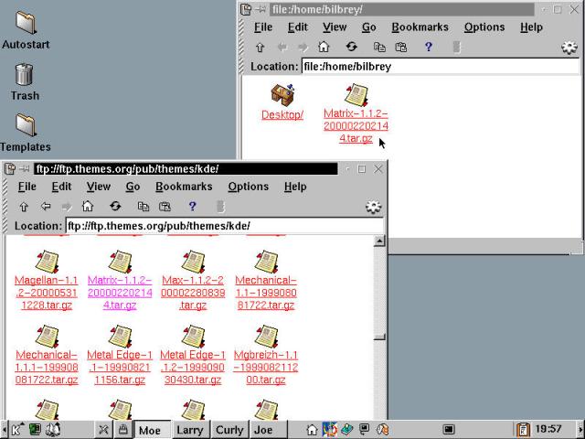 Using two KFM windows to get files from the themes.org FTP site.