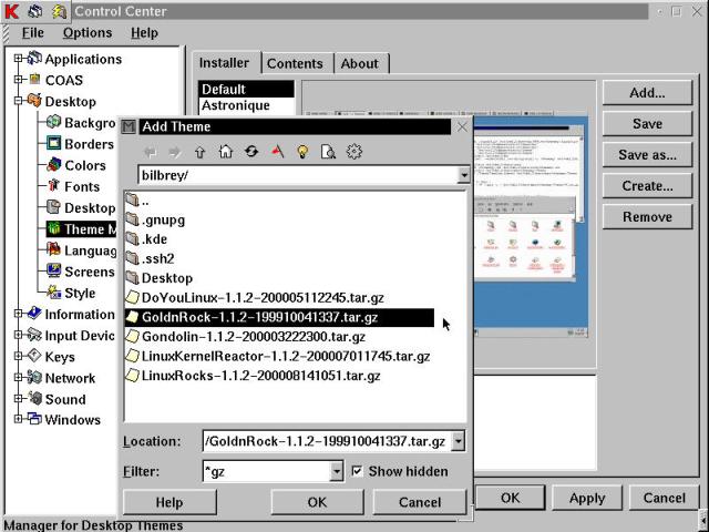 Adding a theme in the KDE Control Center, using the Theme Manager.