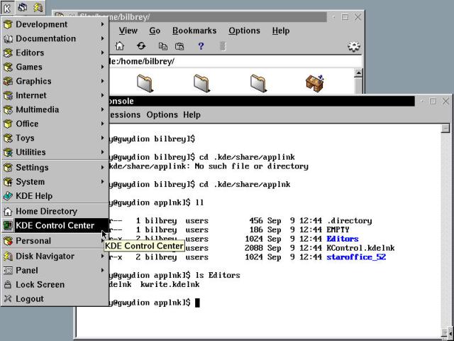 With KPanel hidden, the KDE Menus are accessible from the alternate mini-panel.