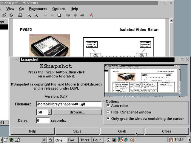 On the KDE desktop, PS Viewer with a PDF file in the background, KSnapshot up front.