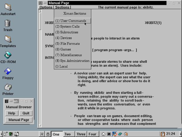 The XMan program, with the small XMan window and the manpage browser open.