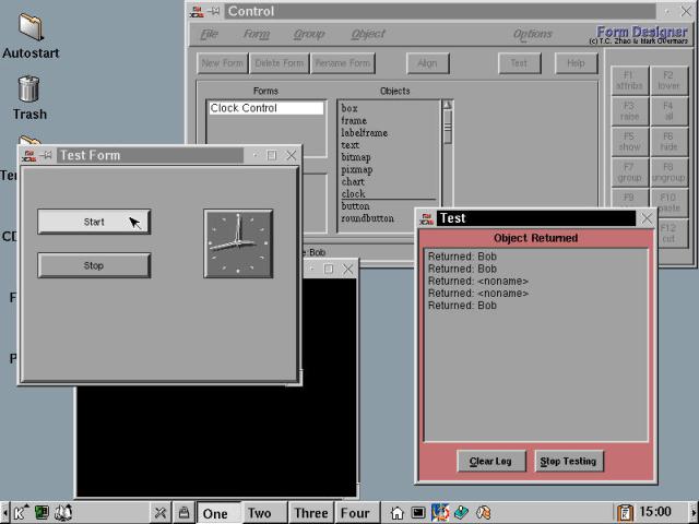 The Form Designer tool, with a simple two buttons plus clock setup under test.